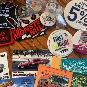 Garage Junk Drawer. Magnets, patches, buttons